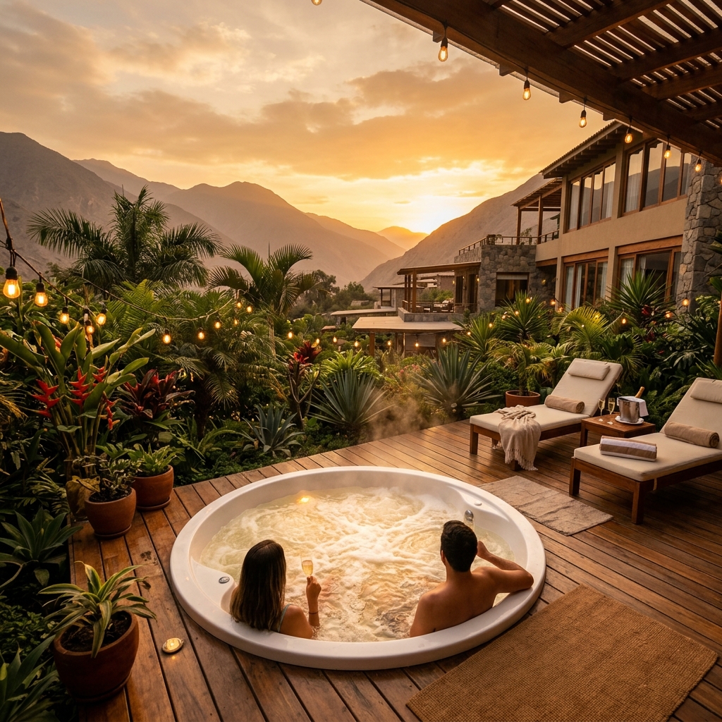 Vista panorámica del Thari Hotel con jacuzzi al atardecer en Chaclacayo